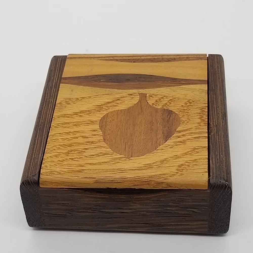 wooden inlay trinket box with tree imagery made in Canada